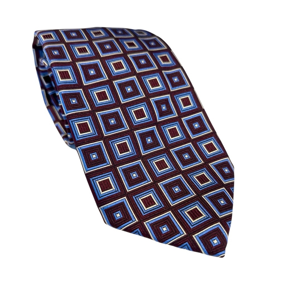 Canali Mens Tie Silk Jacquard Geometric Blue & Purple Squares 60x3.5” Italy